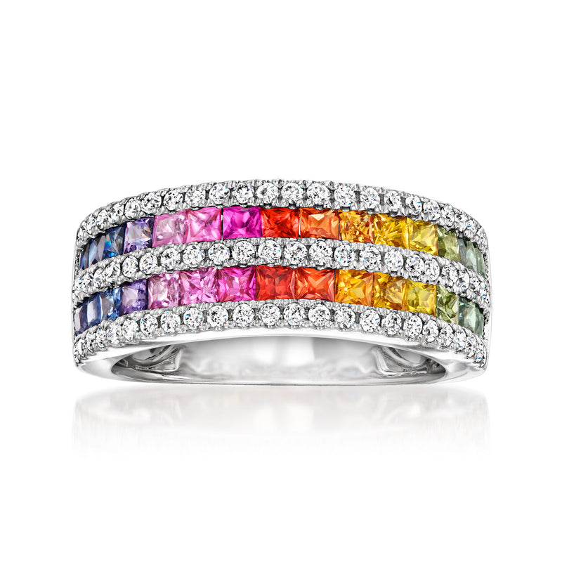 1.70 ct. t.w. Multicolored Sapphire and .50 ct. t.w. Diamond Multi-Row Ring in 14kt White Gold