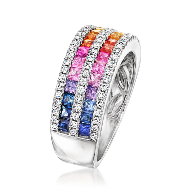 1.70 ct. t.w. Multicolored Sapphire and .50 ct. t.w. Diamond Multi-Row Ring in 14kt White Gold