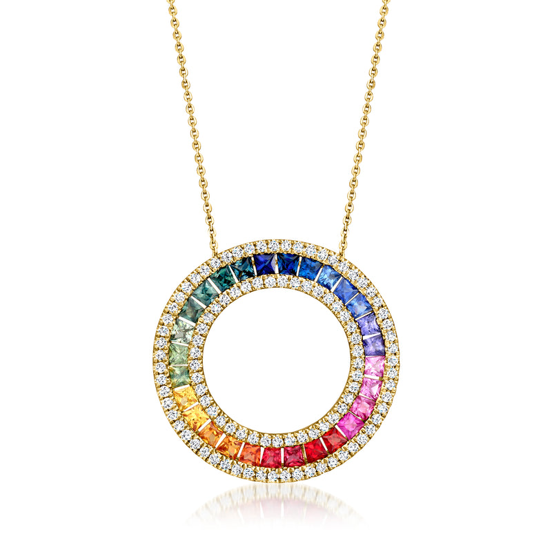 Multicolored sapphire and diamond circle pendant necklace in 14k yellow gold