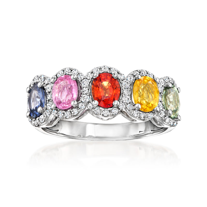 14kt white gold multicolored sapphire ring with diamond accents, five oval stones