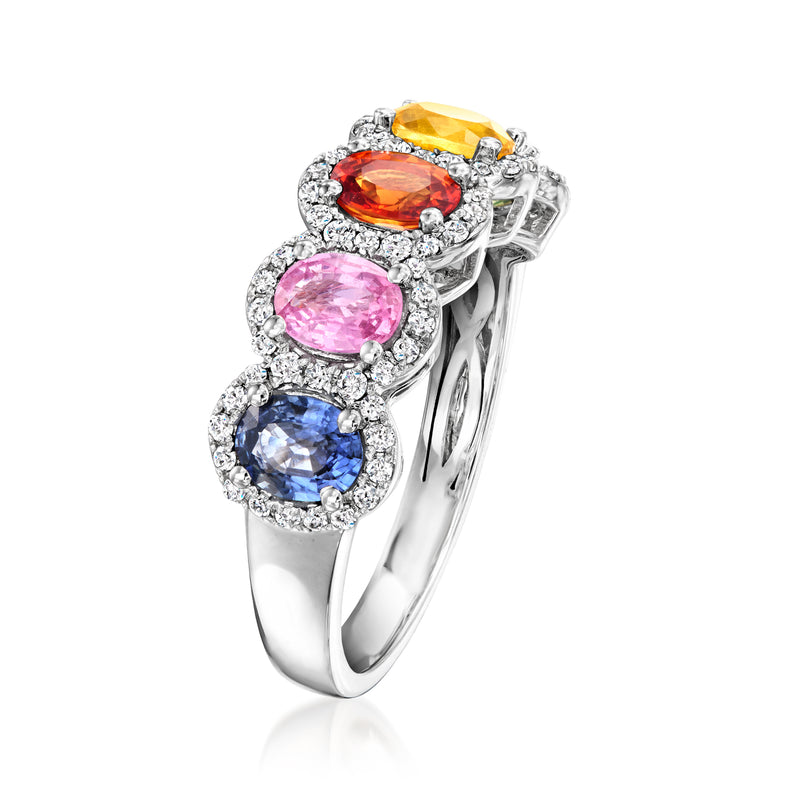 14kt white gold multicolored sapphire ring with diamond halos and five oval stones