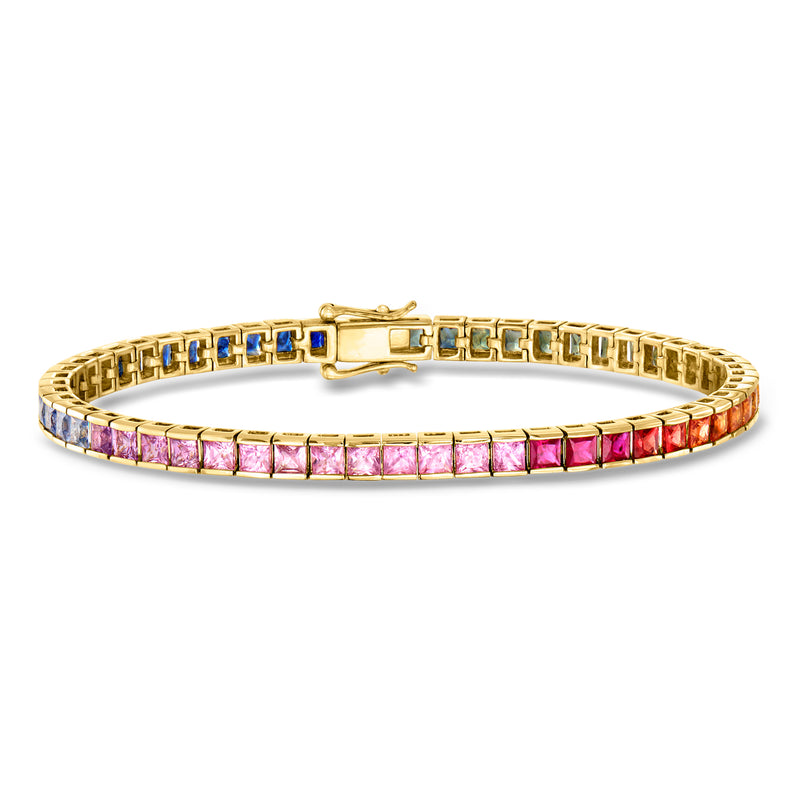 Yellow gold tennis bracelet with multicolored sapphire rows in square settings