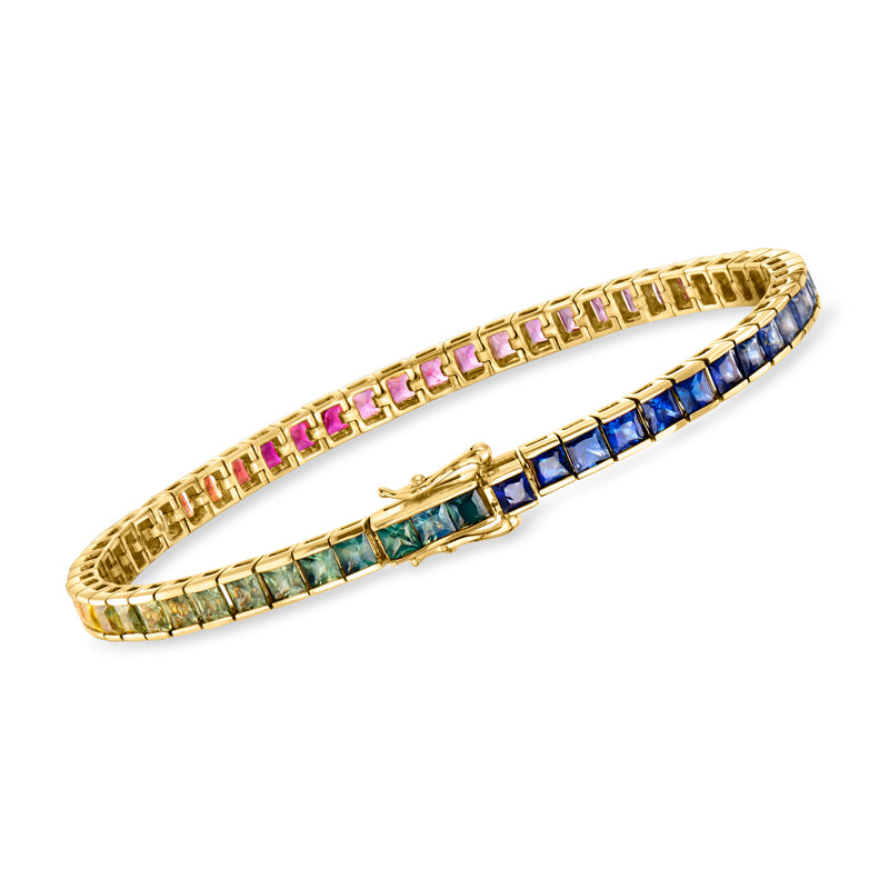 Yellow gold tennis bracelet with multicolored sapphires and a hinged clasp