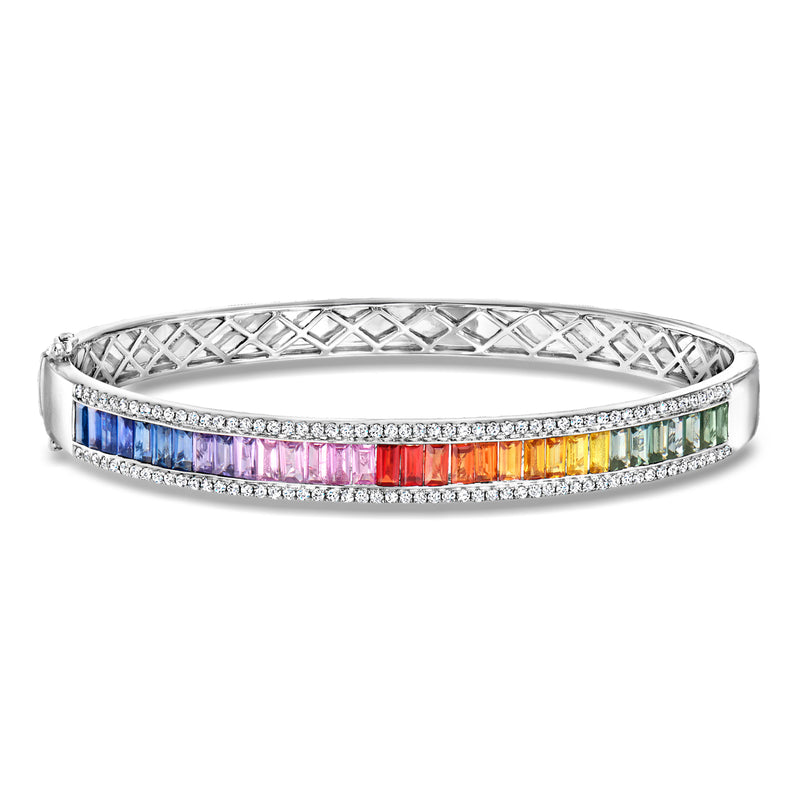 14kt white gold bangle bracelet with multicolored sapphire rows and diamond accents