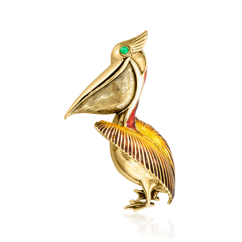 Vintage 18kt yellow gold pelican pin with multicolor enamel and emerald eye