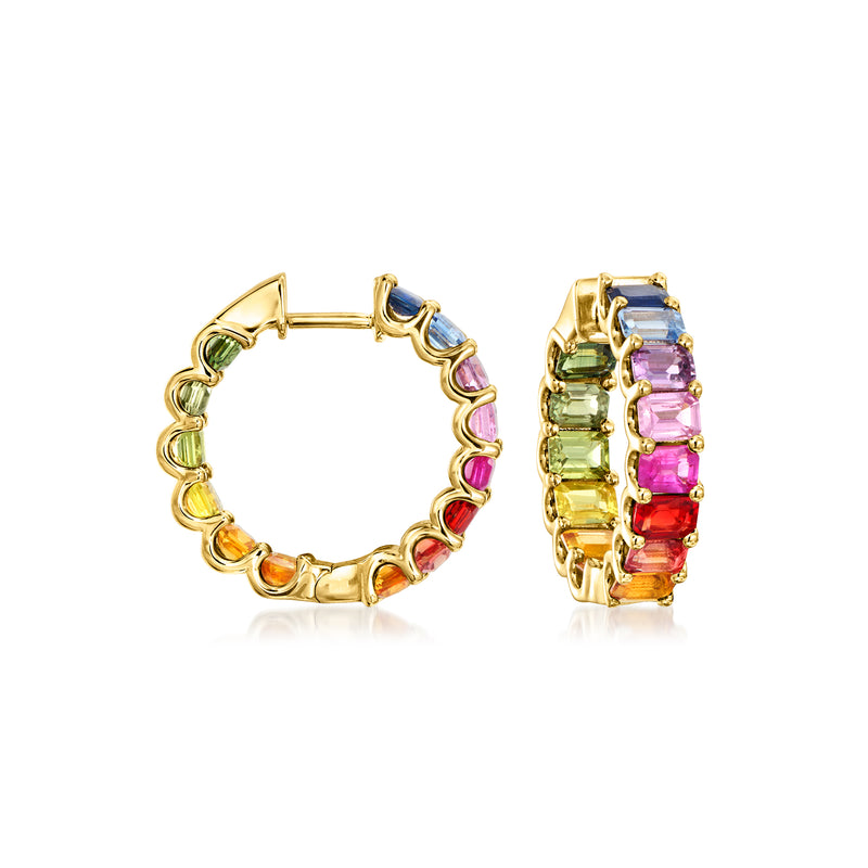 14kt yellow gold hoop earrings with multicolored inside-out sapphire stones, hinged clasp