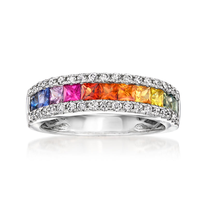 Multicolored sapphire and diamond band ring in white gold, rainbow stones, prong-set