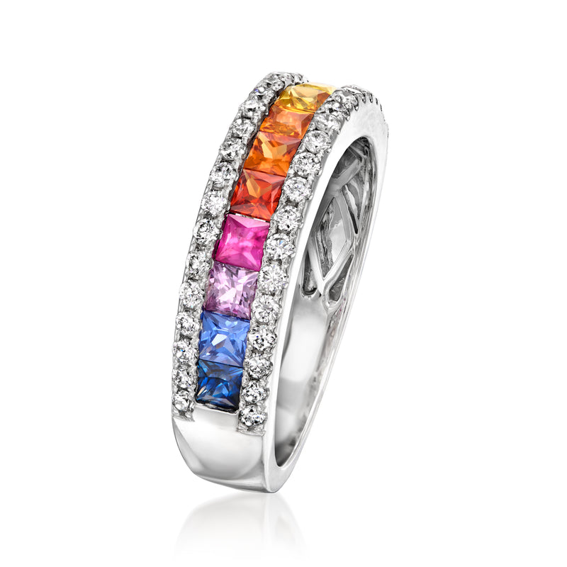 Side view multicolored sapphire and diamond halo ring, prong-set stones in white gold