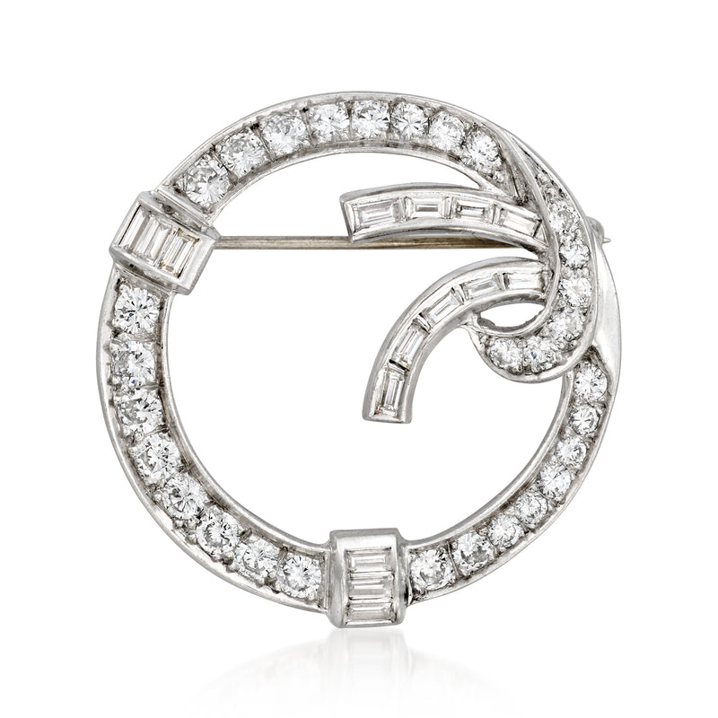 Platinum round diamond circle pin with baguette and square-cut accents