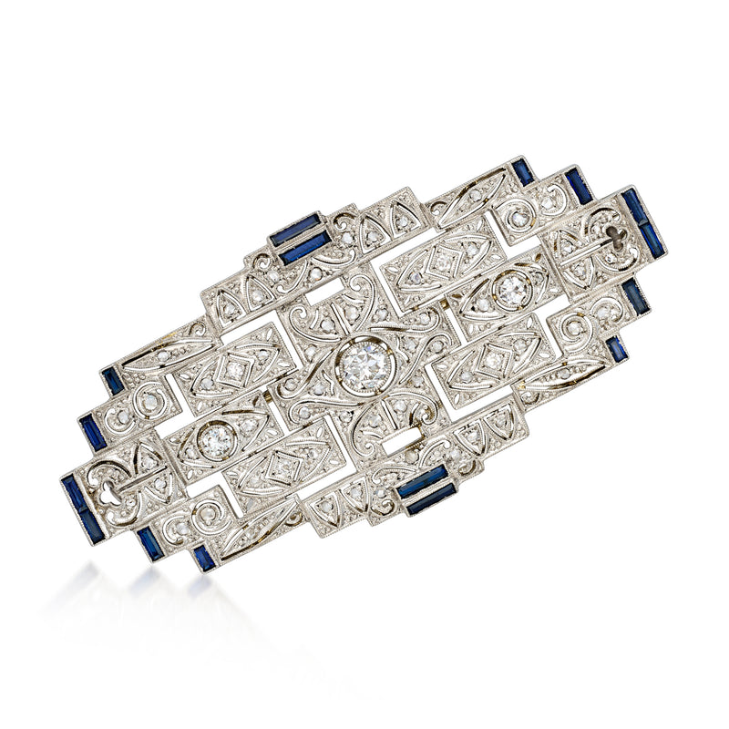 Rectangular filigree diamond and blue sapphire pin in white metal with bar accents