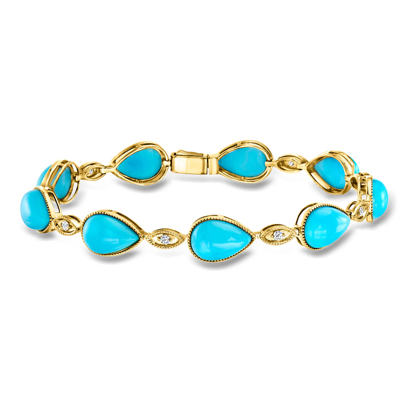 14kt yellow gold bracelet with turquoise cabochons and small diamond accents