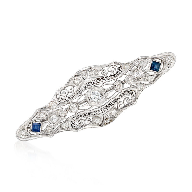 Vintage filigree diamond and blue sapphire pin, oval white-gold bar