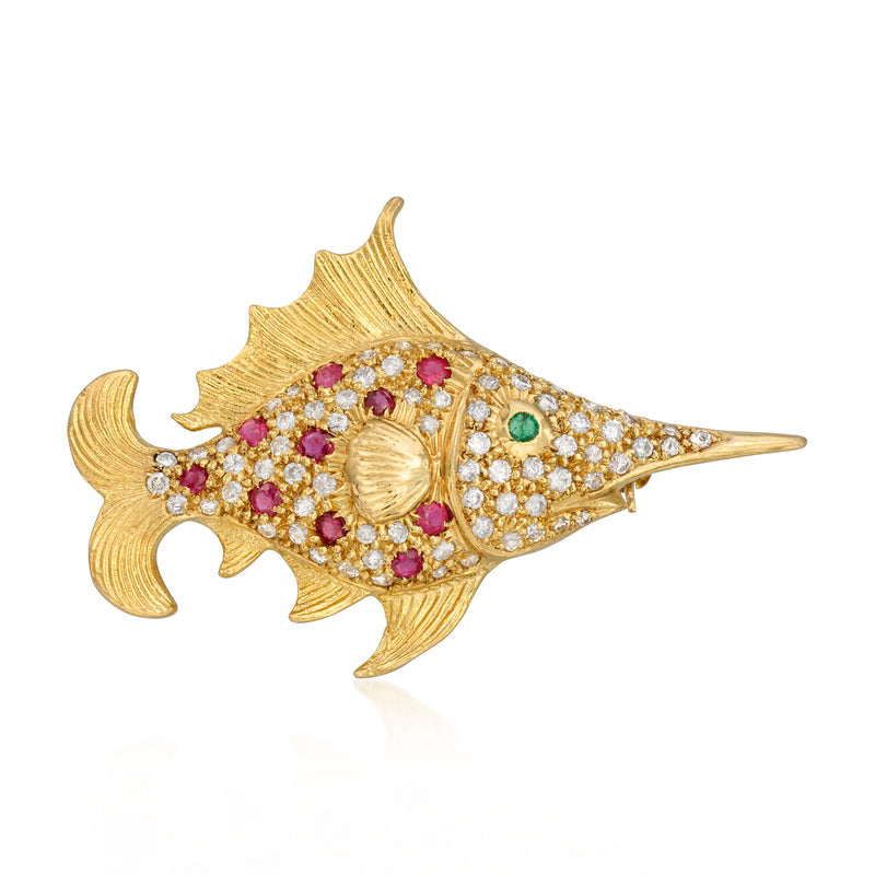 Swordfish pin pendant in 18kt yellow gold with diamonds, rubies, and a green emerald