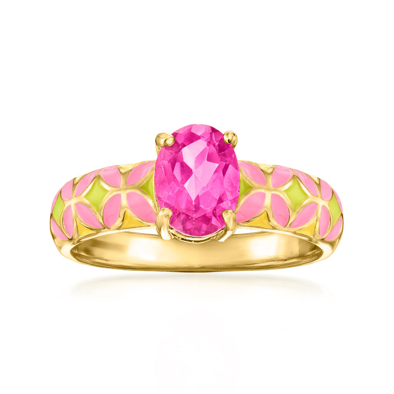Gold-tone ring with oval pink gemstone, pink enamel florals and green accents