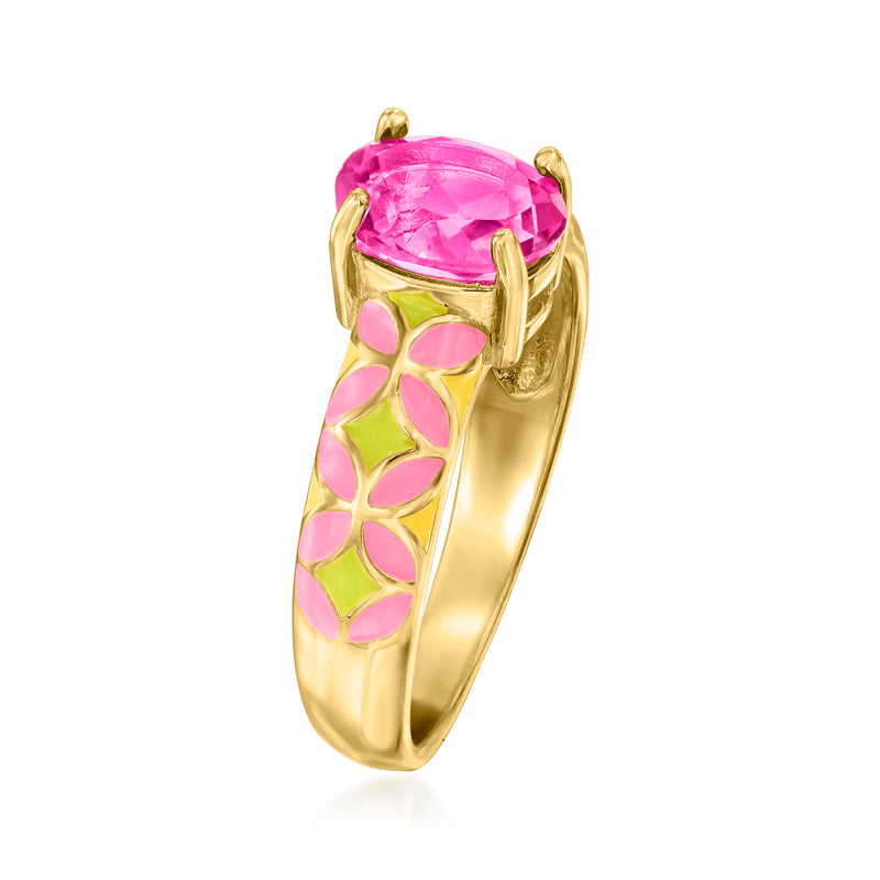 Gold-tone ring with oval pink gemstone and pink/green enamel floral band
