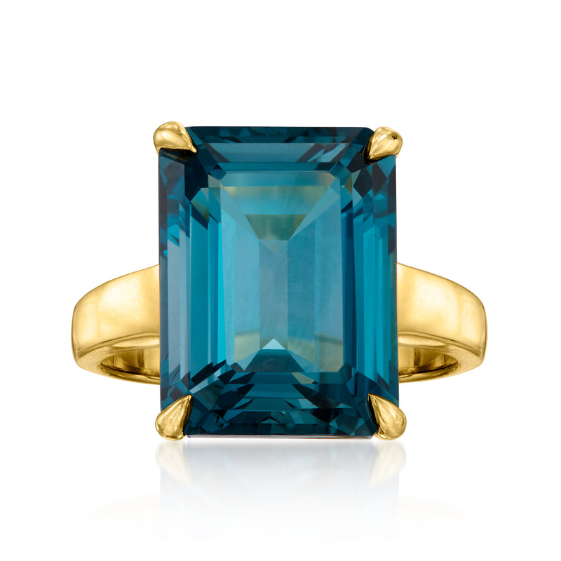 Gold over sterling ring with large rectangular London blue topaz centerpiece