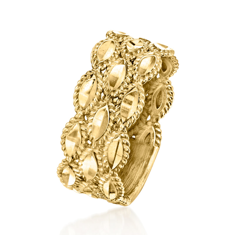 Gold roped band ring with repeating oval cutout and textured rope sides