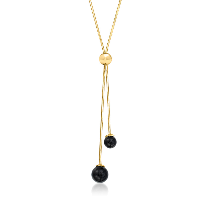 Onyx bead lariat necklace with gold cap and two round black beads