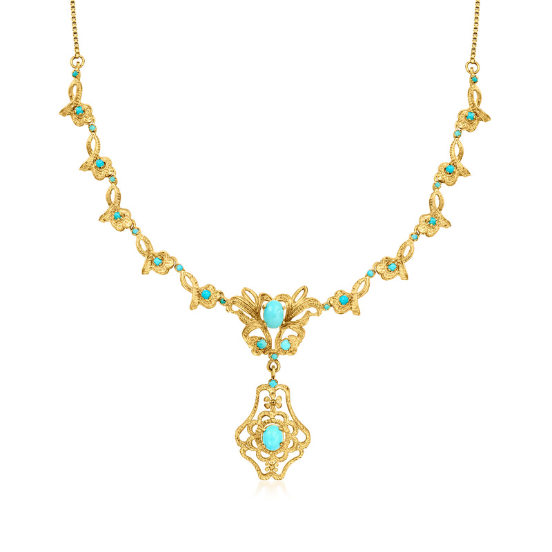 18kt yellow gold turquoise floral drop necklace with hanging filigree charm