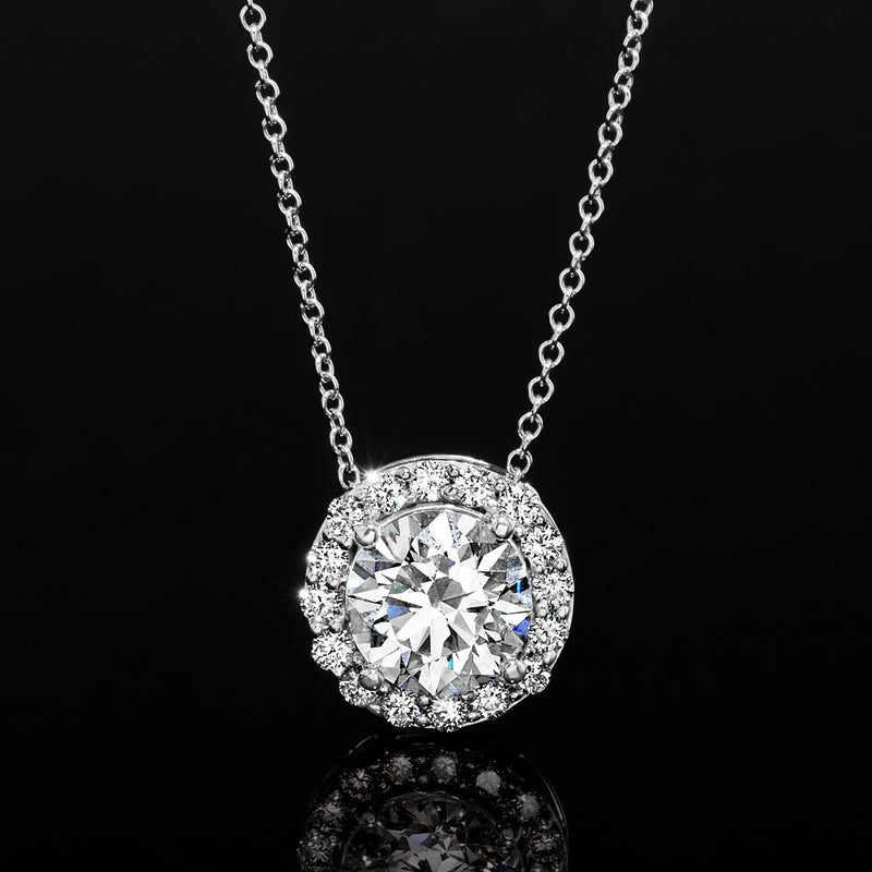 Round halo lab-grown diamond pendant necklace in 14kt white gold, full view