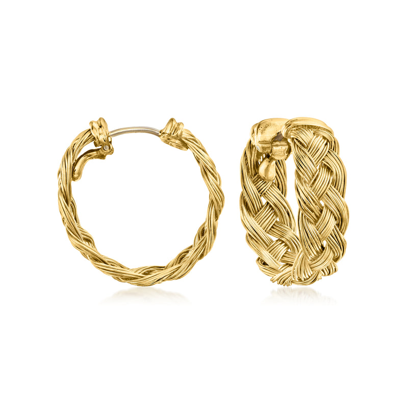 18kt yellow gold woven hoop earrings with braided textured design, hinged hoops