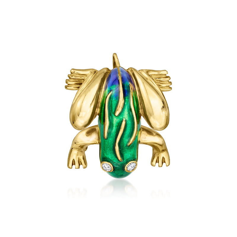 Gold frog pin with green enamel body, blue accents, and two diamond-look eyes