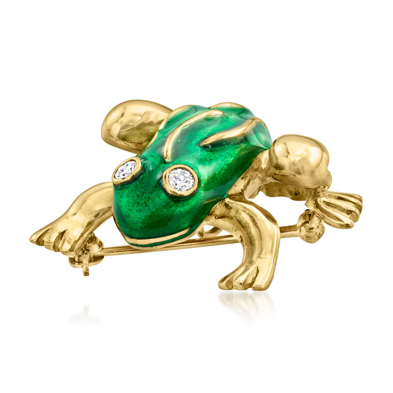 Gold frog pin with green enamel and white diamond-look eye details
