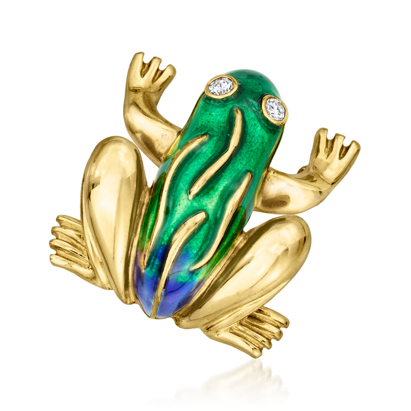 Gold frog pin with green enamel, blue highlights, and two round diamond-look eyes