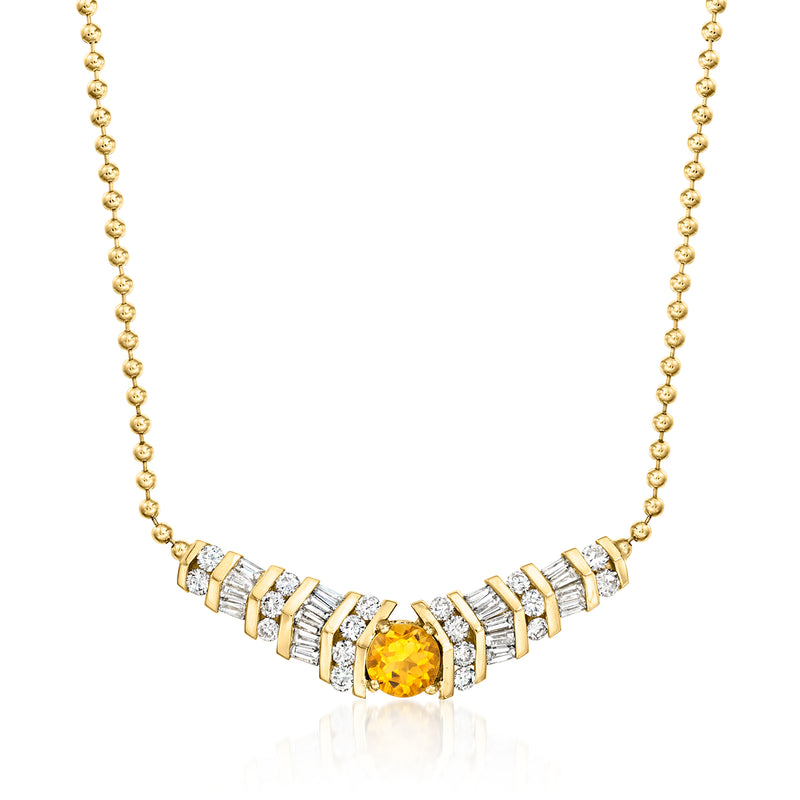 18kt yellow gold necklace with oval citrine center and white diamond stations