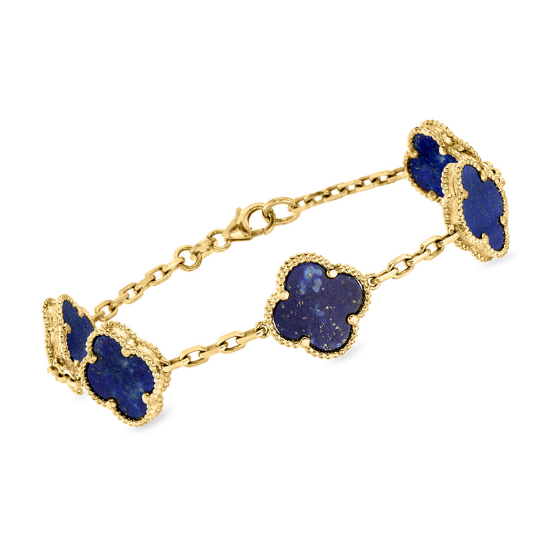 10kt yellow gold lapis clover station bracelet with three blue stone motifs