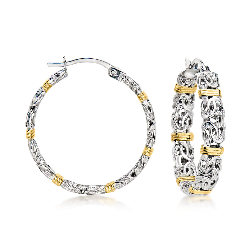 Byzantine hoop earrings in silver with 18kt gold accents and hinged clasp