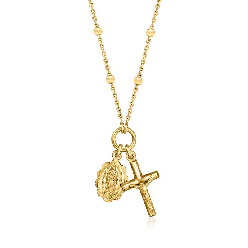 Gold-tone charm necklace with circular saint medallion and cross pendant