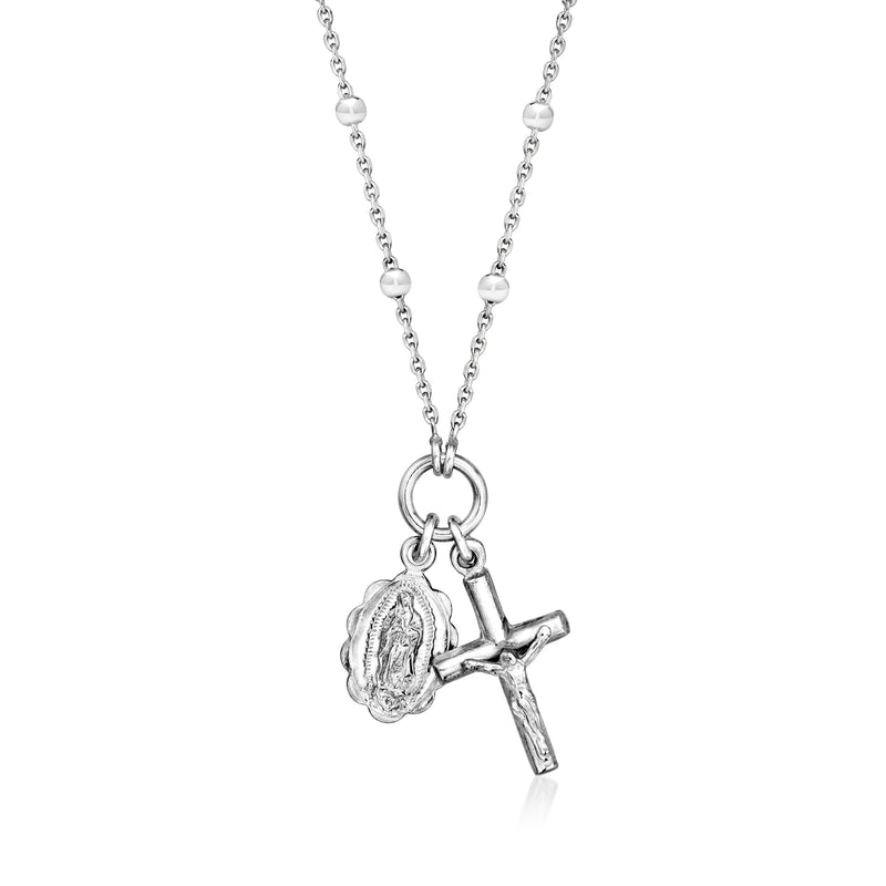 Sterling silver charm necklace with round medallion, cross pendant, and chain