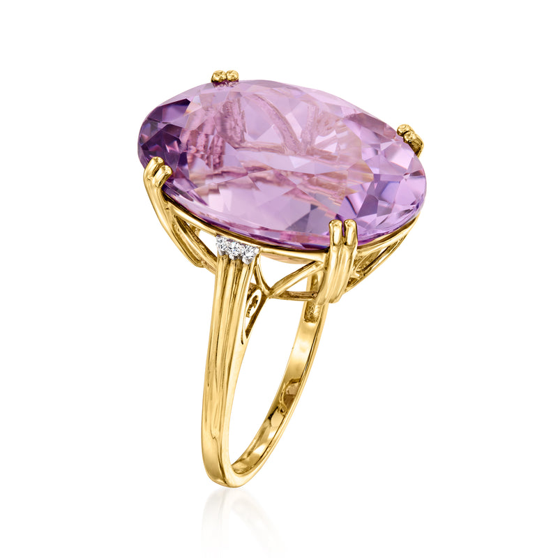 Amethyst and diamond ring in 14kt yellow gold, oval purple stone with side prongs