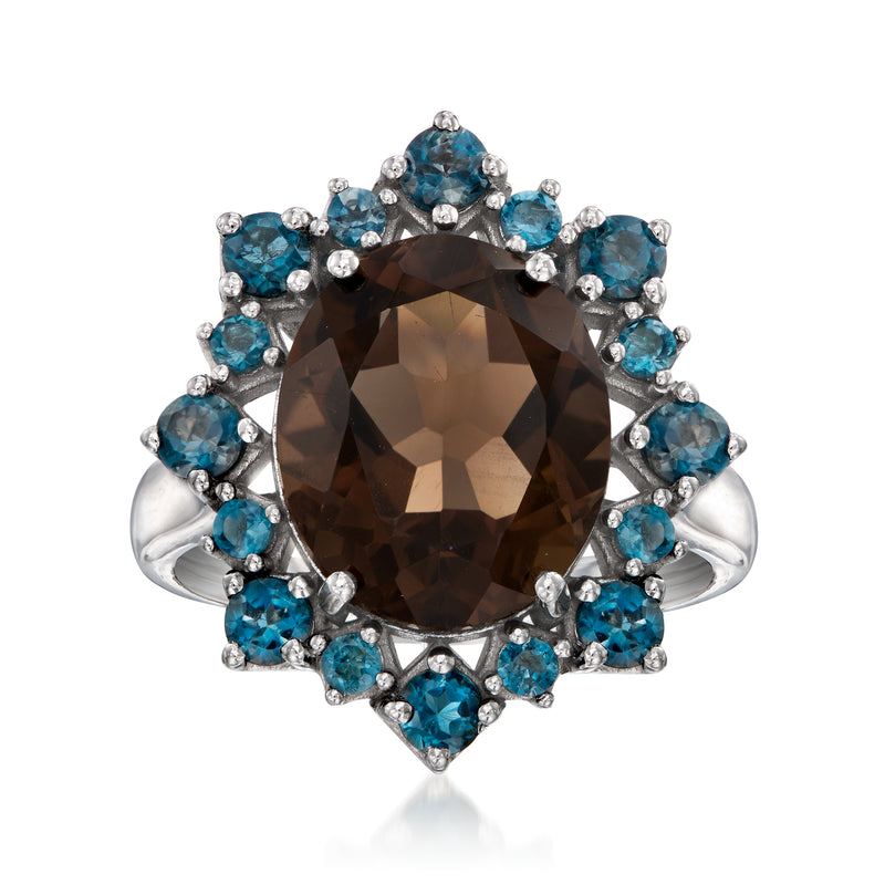 Sterling silver ring with oval smoky quartz center, blue topaz halo and prongs
