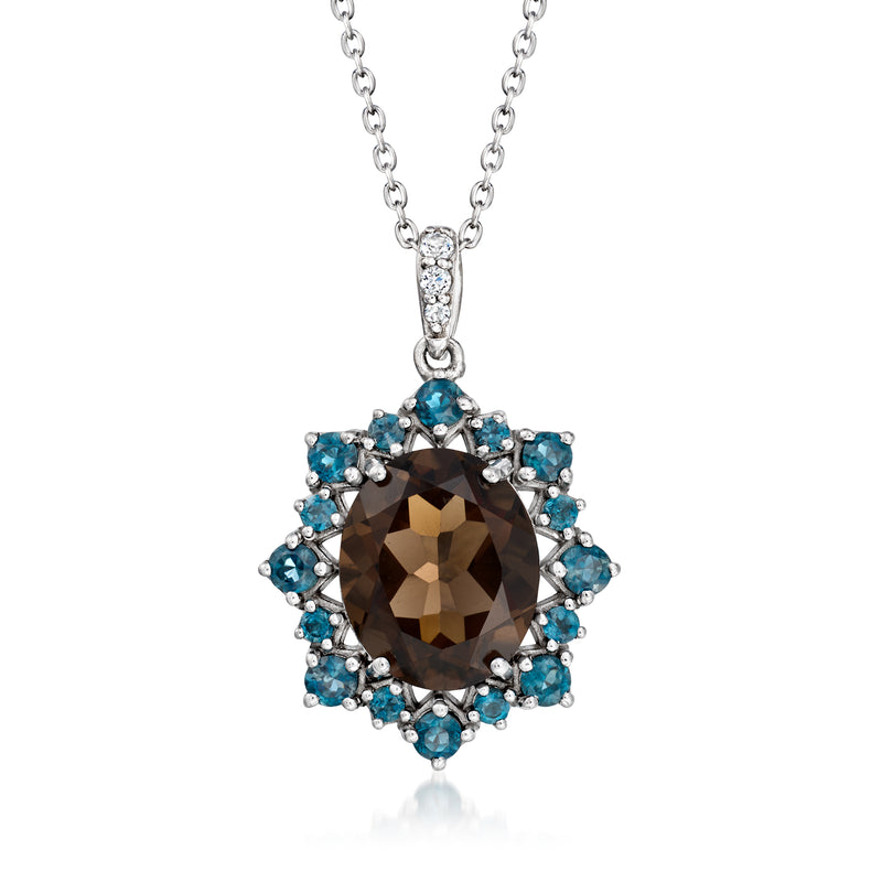 Sterling silver pendant necklace with faceted smoky quartz and blue topaz halo