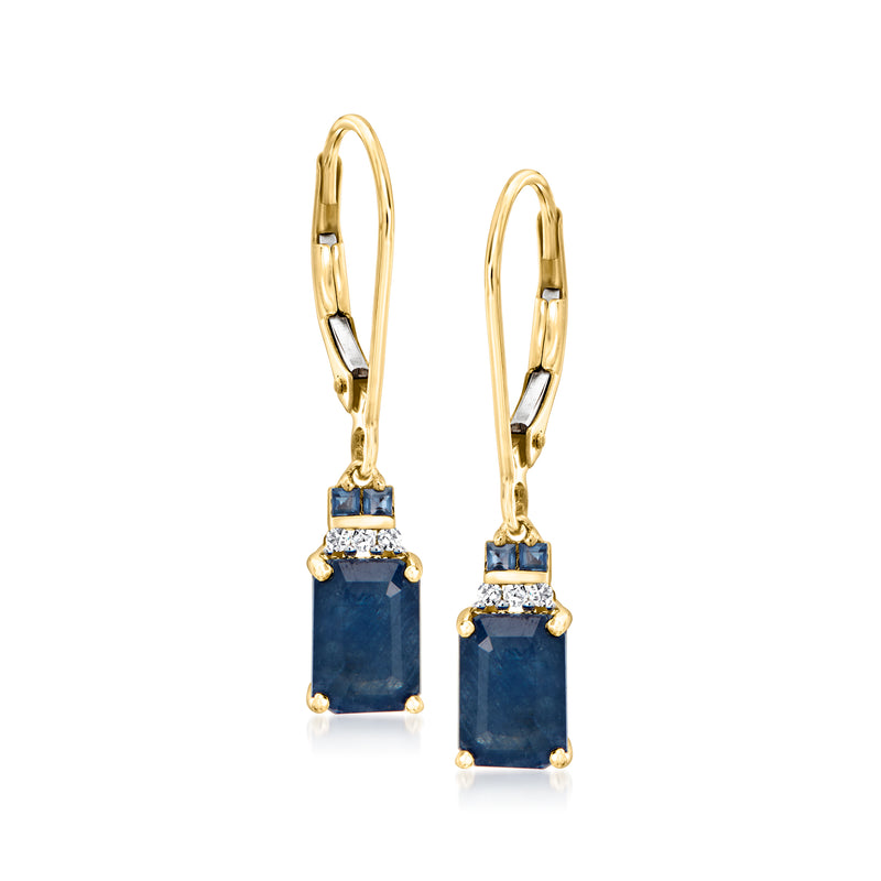14kt yellow gold leverback drop earrings with blue sapphire and small diamonds