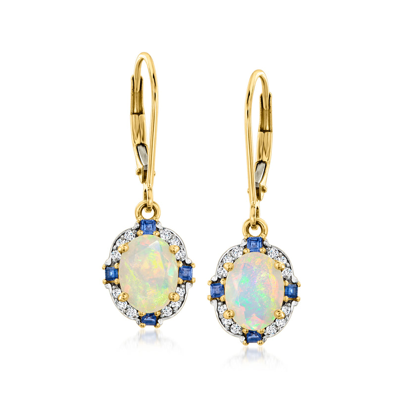 14kt yellow gold opal drop earrings with sapphire and diamond halo, leverback