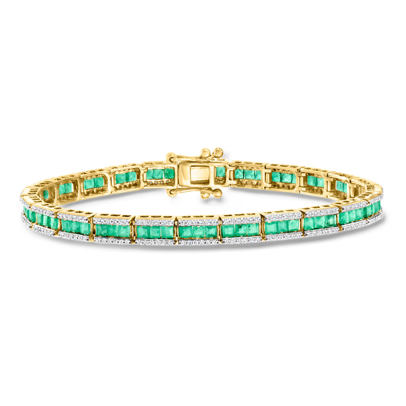 14kt yellow gold tennis bracelet with emerald and diamond rows, hinged clasp