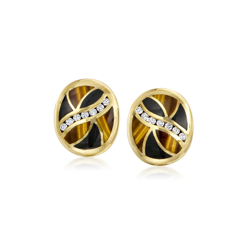 14kt yellow gold round earrings with tiger eye, onyx inlay, and diamond accents