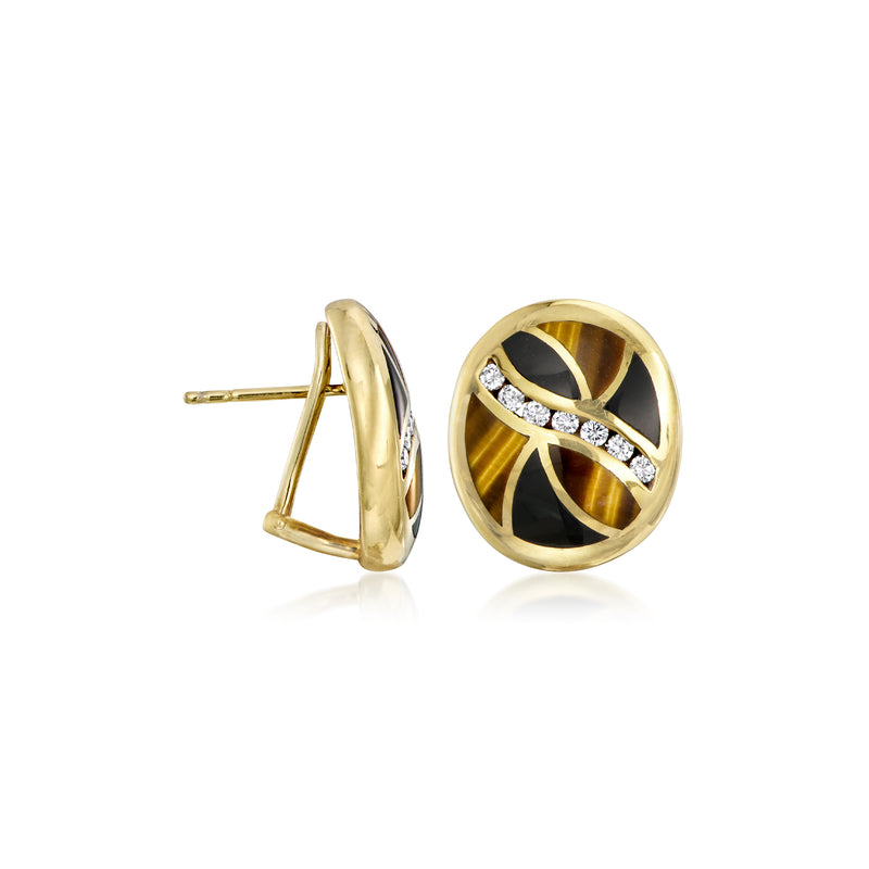 Round tiger eye and onyx stud earrings in 14kt yellow gold with diamond band detail
