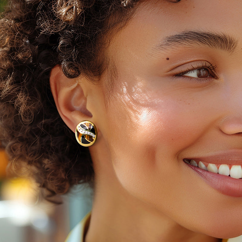 Round 14kt yellow gold stud earrings with tiger eye and black onyx, diamond accents