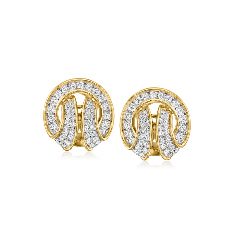 Vintage 14kt yellow gold diamond knot earrings, pair front view