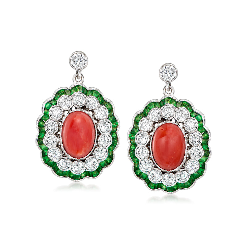 Round drop earrings in white gold with coral center, green halo, diamond surround
