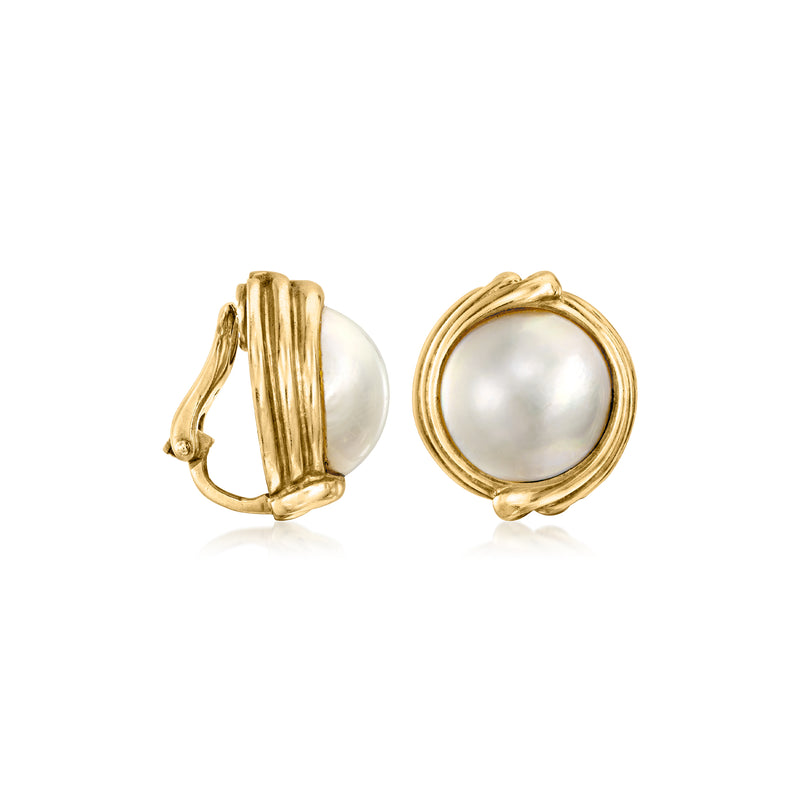 Vintage clip-on mabe pearl earrings in 18kt yellow gold, rear clip detail visible