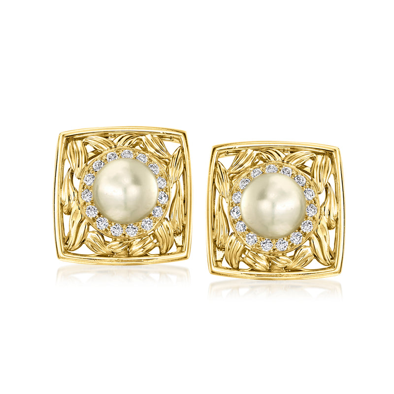 18kt yellow gold square earrings with cultured pearl center and diamond halo