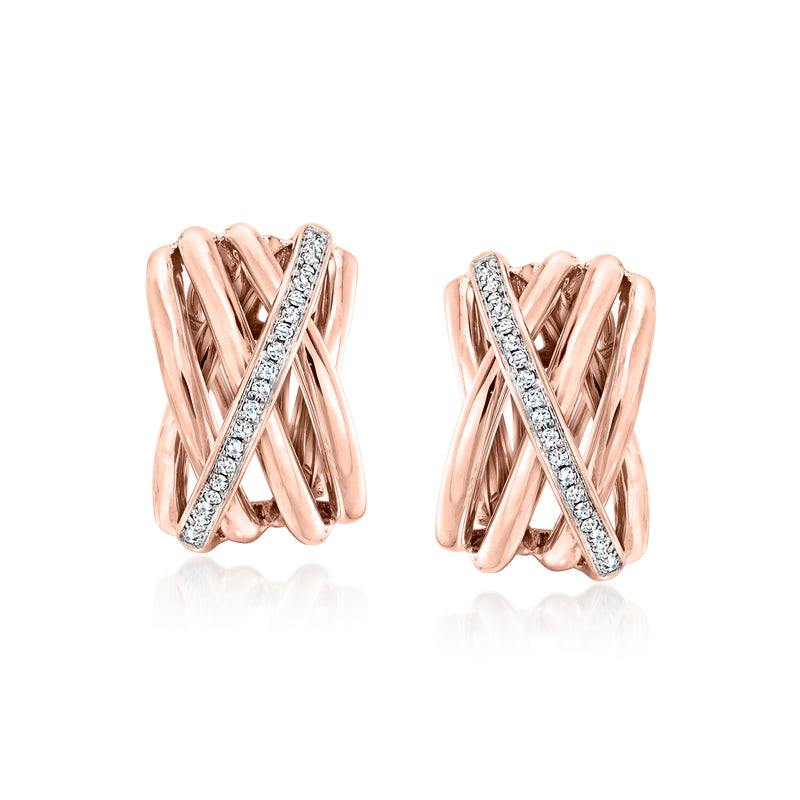 Rose gold diamond-look crisscross knot hoop earrings with clear stones