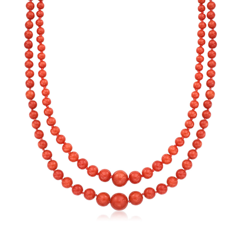 Two-row coral bead necklace with graduated round beads; clasp not shown