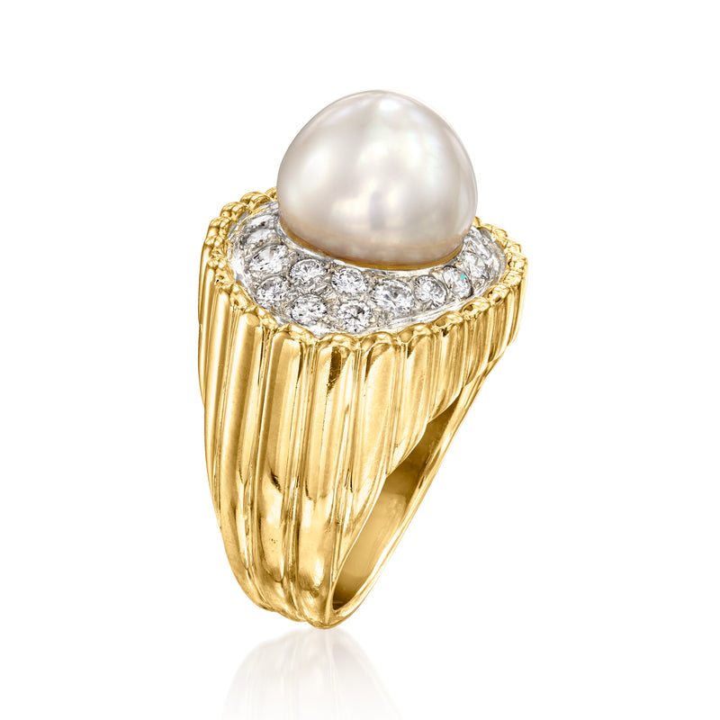 Cultured pearl and diamond ring, side view with prong-set diamond halo