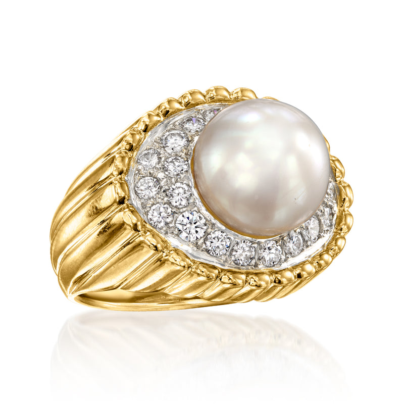 Cultured pearl and diamond ring in yellow gold, angled view of pearl halo